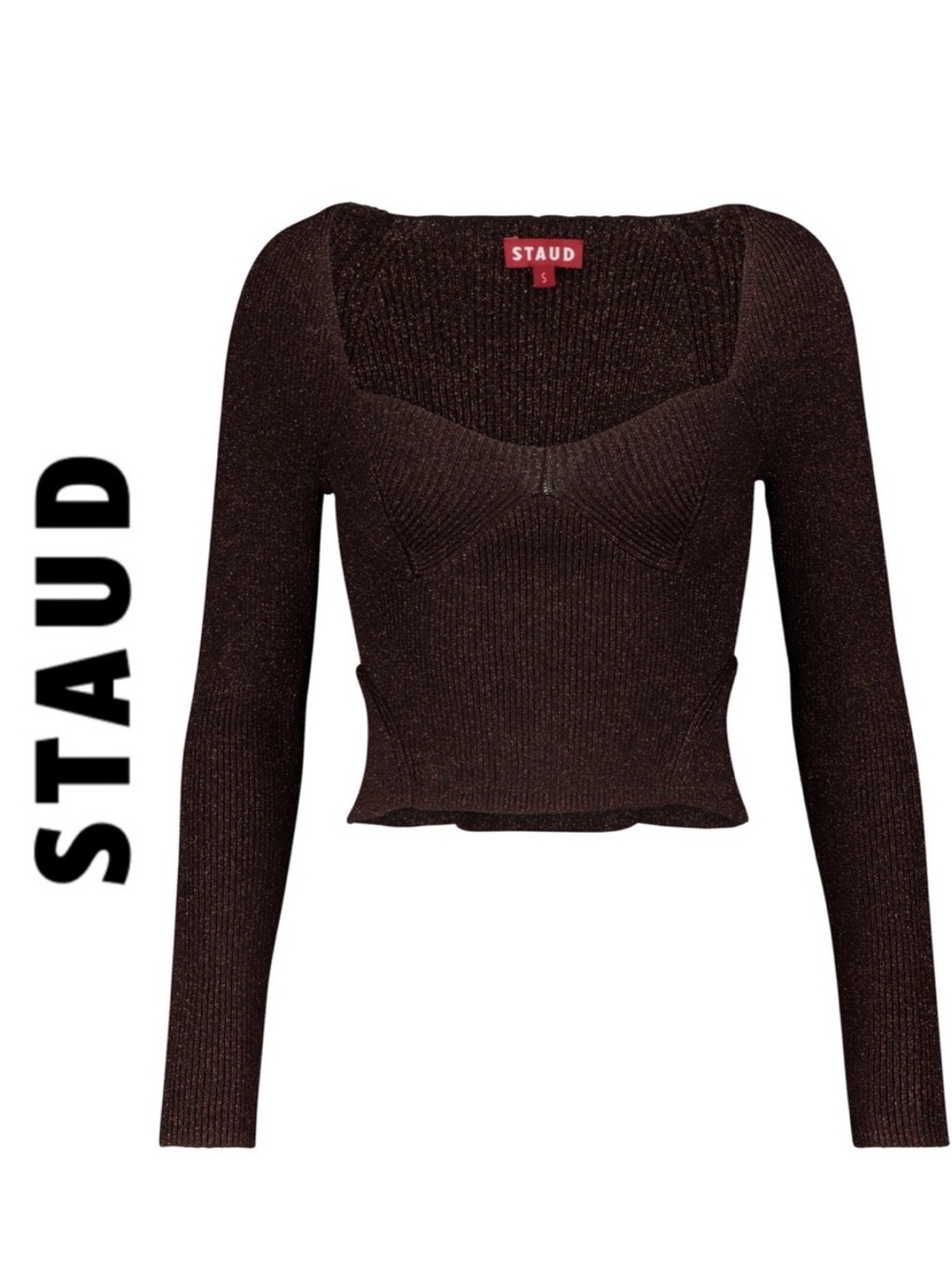 STAUD Dark Brown Ribbed Sweetheart Long-Sleeve Top